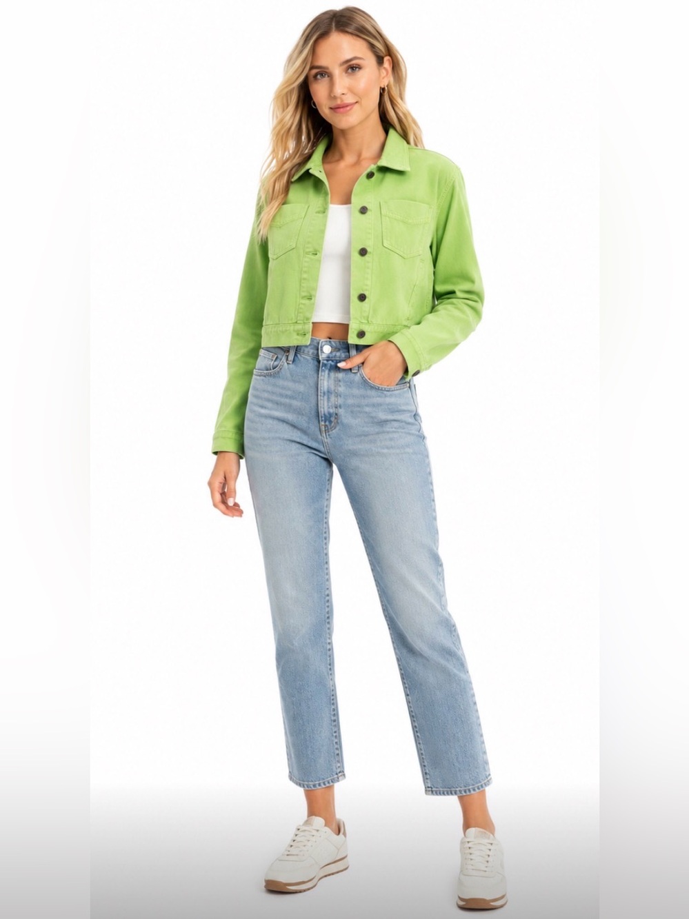 Anthro saltwater LUXE Neon Lime Cropped Denim Jacket‎ size small
